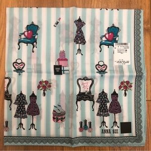 New Anna Sui Cotton Scarf Handkerchief Bandana Blue Stripe Boutique Make Up